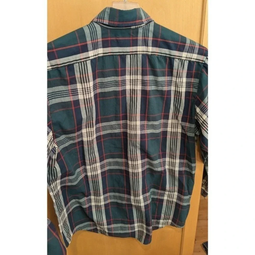 Vintage Hyde Park Men's Button Down Shirt Green‎ Blue Plaid Large 65/35